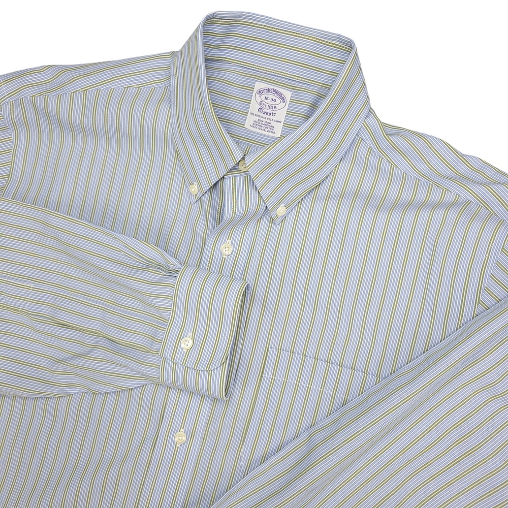 Brooks Brothers Dress Shirt Men's 16-34 Blue Stiped Non-Iron Supima Cotton